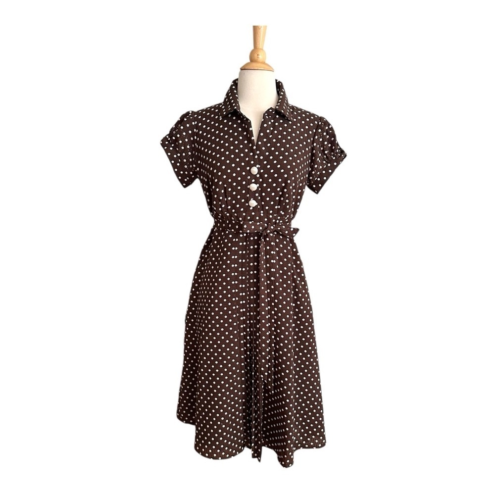 Signature by ROBBIE BEE Brown Polka Dot‎ Dress Rockabilly Retro Housewife Size 8